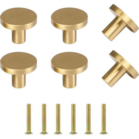 Lot de 6 boutons de meuble dorés pour porte ronde, en laiton brossé, pour tiroir (1/5)