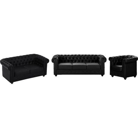 Canapés 3 places, 2 places et fauteuil en simili noir CHESTERFIELD (1/5)