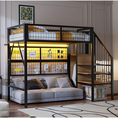 DESVIAE Lit mezzanine 90 x 200 en métal noir avec escalier rangement penderie ouverte éclairage LED contrôlé par application et structure filet de sécurité pour enfant adolescent (1/4)