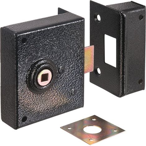 Serrure électrique en applique noire à fouillot – Bec de cane – Axe 85 mm – Coffre acier cambré – Gâche acier – Finition peinture noire