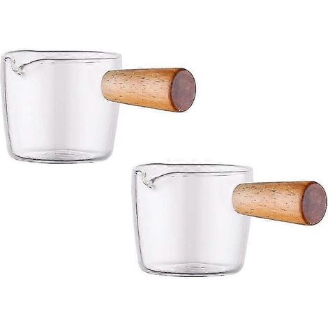 2 Stück Klarglas-Milchkännchen mit Holzgriff, Mini-Kaffeemilch-Sahnekännchen.100 ml (1/5)