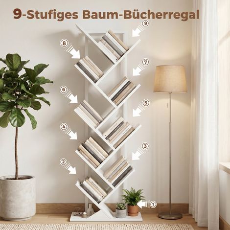 Étagère à livres en forme d'arbre, 9 niveaux, bibliothèque industrielle autoportante avec cadre en acier, meuble de rangement blanc pour CD, DVD (1/5)