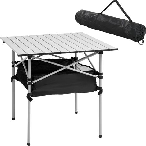 Mesa plegable de aluminio con tapa enrollable y bolsa de malla para camping y exteriores, con estructura de acero, ideal para picnics y senderismo Color plata y negro