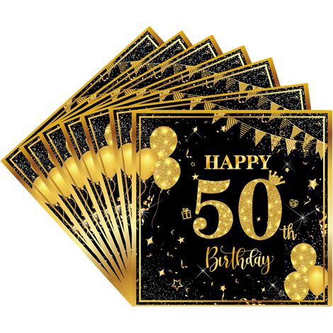 20 Pièces Serviettes Anniversaire pour 50 Ans, Noir Or Serviettes Joyeux Anniversaire 50 Ans, Decor Fête d'anniversaire pour Femme Homme Décoration de Table Serviette Vaisselle Jetable (1/5)