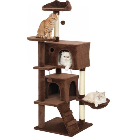 Katzenkratzbaum 140 cm mit Plattformen, Liegefläche, 2 Höhlen, Hängematte, Leiter, Sisalstämmen, braun