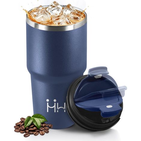 Mug Isotherme 600 ML, Réutilisable, Tasse Isotherme pour Café, Acier Inoxydable 304, Emporter, Anti-fuite, Double Paroi, Étanche Gobelet de Voyage pour Café Chaud et Froid, Bleu foncé (1/5)