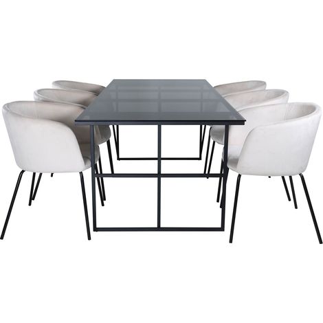 Leif Essgruppe Esstisch rauchig Glas und 6 Berit Esszimmerstühle Velour beige.
