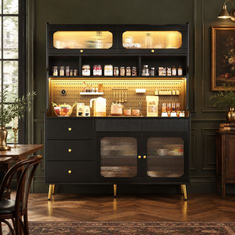 Armoire haute de rangement LED avec éclairage RGB contrôlé par application, porte relevable, verre cannelé, panneau perforé en métal, 145 x 39 x 171 cm, noire CHICFURN (1/5)