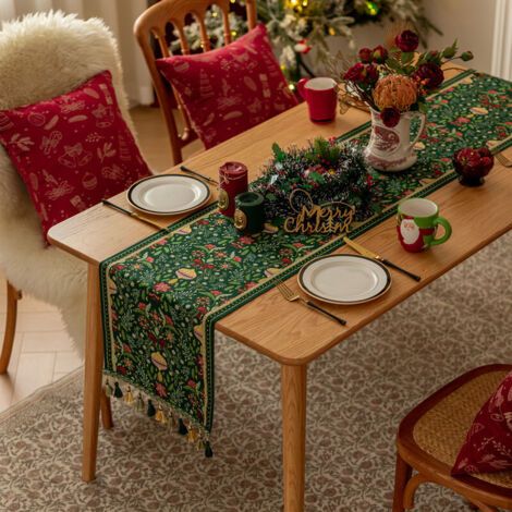 Pair Christmas Table Runner Xmas Dining Table Linen Decoration with Tassels Cotton Blend Winter Holiday Decoration, ( 35 x 180 ) (1/5)