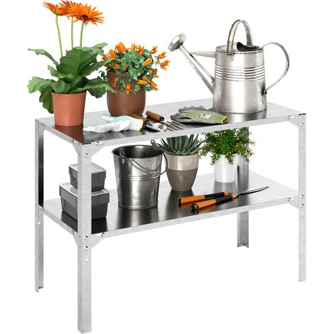 Outsunny 2 Tier Potting Bench Table, Galvanised Steel Garden Planting Work Bench Workstation with Storage Shelf for Outdoor, Patio, Greenhouse, 110 x 50 x 75 cm, Silver Tone