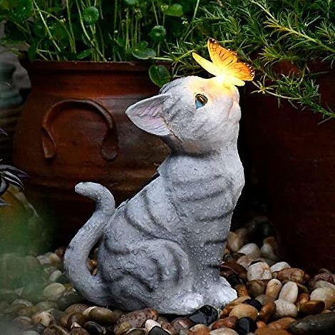 Décorations de jardin pour chats, papillons décoratifs, lampes solaires d'extérieur, arrangements de balcon, chats mignons, papillons, décorations en résine, lampes solaires d'extérieu (1/5)