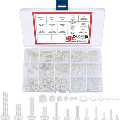 Kit de Vis Nylon Plastique 44 Pièces, Vis à Tête Cylindrique Cruciforme avec Écrous et Rondelles, Visserie Plastique Isolante, Assortiment de Fixation Non Conductrice pour Électronique, PCB, Appareils (1/4)