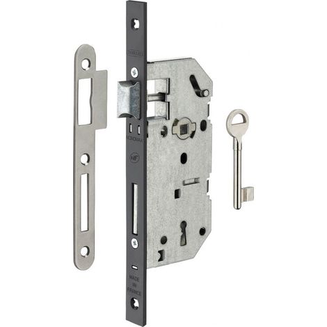 Serrure monopoint encastrée 40mm – Entr'axe 70mm – Mécanisme à 2 tours – Gâche plate en acier zingué – Têtière noire à bouts carrés (1/4)