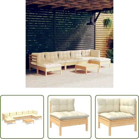 Holzgartenmöbel - 8-tlg. Garten-Lounge-Set mit Creme Kissen Kiefernholz (1/5)