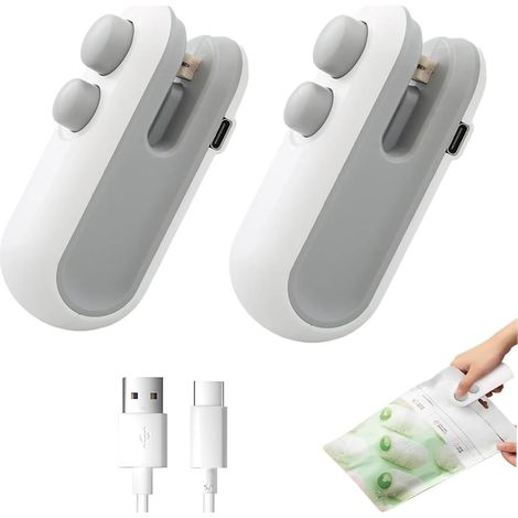 Mini scelleuse de sacs (lot de 2), scelleuse 2 en 1, mini scelleuse de sacs portable rechargeable sous vide pour sacs en plastique, snacks et conservation des aliments (2, blanc) (1/5)