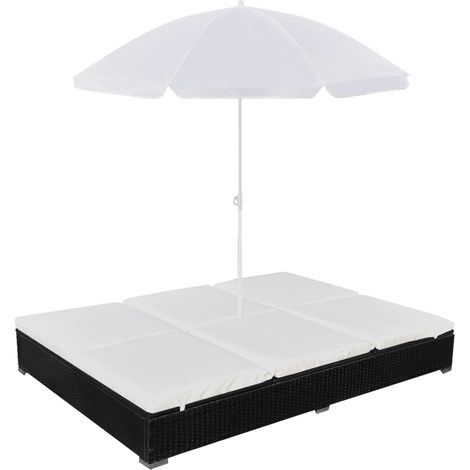 Bain de soleil Moderne Chaise longue Transat d'extérieur avec parasol Résine tressée Noir GF28065 (1/5)