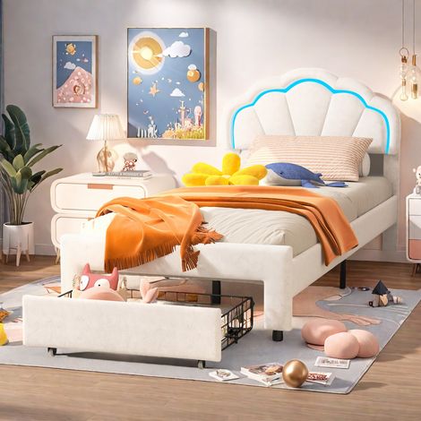 Letto moderno imbottito con cassetti, con testiera a forma di petalo con LED, 90 x 200 cm, tessuto in velluto morbido, letto singolo, senza materasso (1/5)