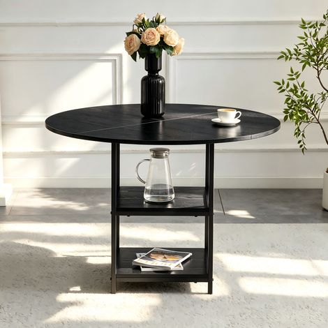 Table basse ronde en MDF effet bois noir – Structure métal noir à 2 étagères de rangement – Dimensions Ø107xH75cm – Stable et multifonction pour salon moderne (1/5)