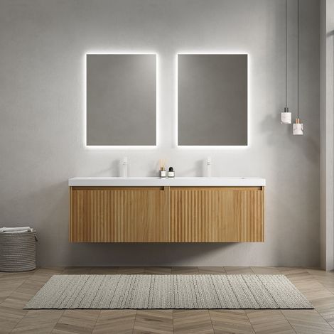 140cm Wandhalterung Badezimmer-Waschtisch mit 2 weißen rechteckigen Waschbecken aus Harz, gestreifter Sperrholzschrank mit 2 Schubladen, vormontiert, natürliche Holzmaserung