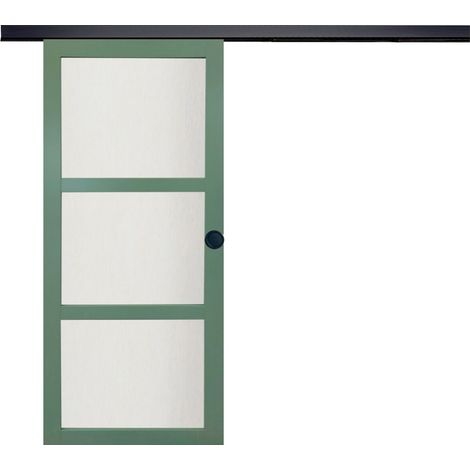 Porta Scorrevole Verde Ral 6021 Vetrata H204 x L73 + Binario Alluminio Nero e 2 Gusci Neri