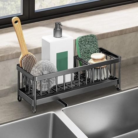 Evier Cuisine, Rangement en Acier Inoxydable 304 avec Bac de Vidange Automatique, Boîte de Rangement pour éponge de Stockage, Brosse, Liquide vaisselle (BLACK) (1/5)