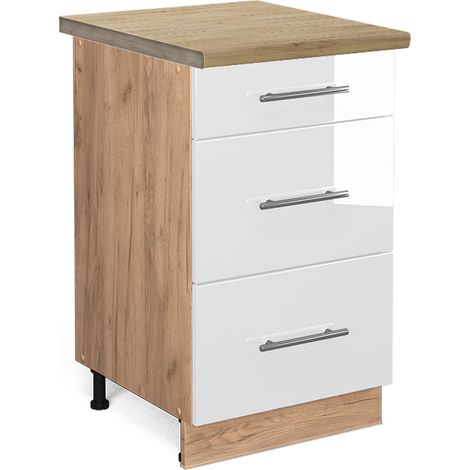 Mueble bajo de cocina Fame-Line, Blanco alto brillo, 50 cm , ET Roble, Vicco
