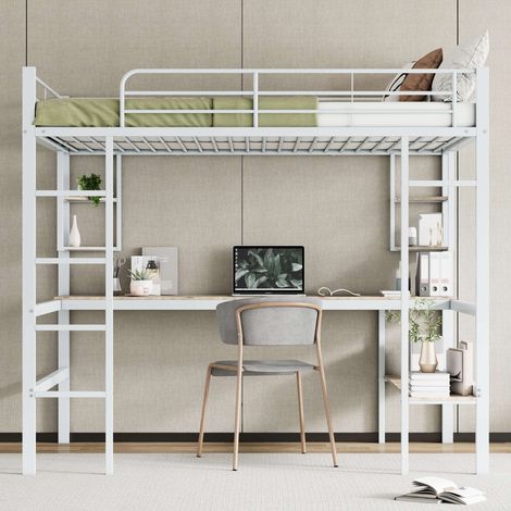 Lit mezzanine 140x200 cm blanc en métal avec bureau, 4 étagères et bibliothèque, échelle et barrières, EN 747, sans matelas (1/5)