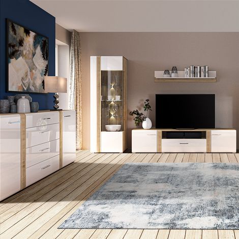 Wohnwand modern in Eiche Nb. AKRON-131 mit Fronten in Hochglanz weiß 4-teilig inkl. Sideboard (1/5)
