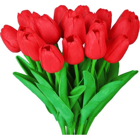 10 Tulipes, PU réaliste, tige plastique, armature métal, rouge, décoration intérieur, mariage, vase (1/5)