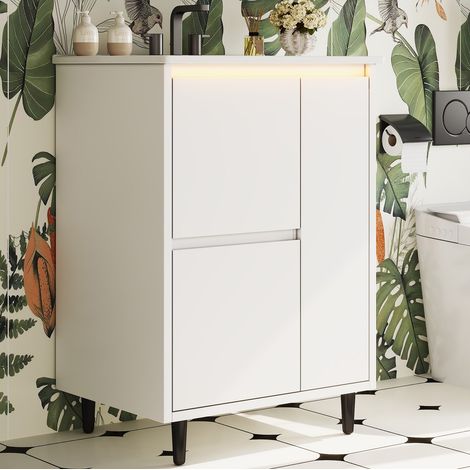 Mueble bajo lavabo con patas 61x46,5x87 cm con 2 cajones, 1 puerta y lavabo cerámico integrado, MDF lacado blanco (1/5)