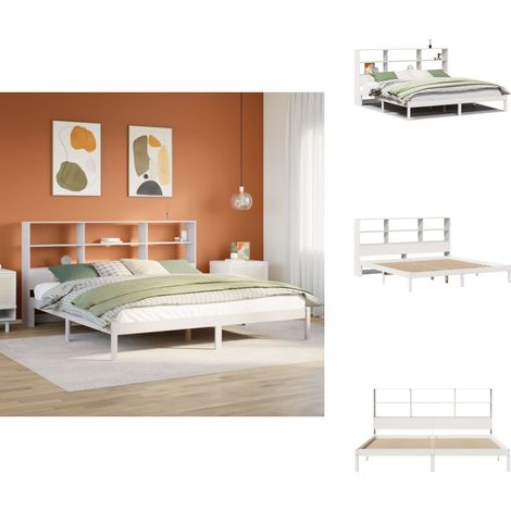 Massivholzbett mit Regal ohne Matratze Weiß 180x200 cm Kiefer - Bett Mit Regal - Bett Mit Bücherregal - Holzbett Mit Regal - Holzbett Mit Bücherregal (1/5)