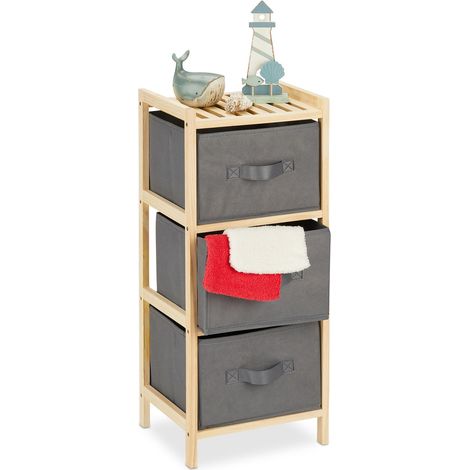 Relaxdays Bathroom Shelf with 3 Foldable Baskets, Storage Space, Wood & Fleece, HWD: 65 x 28 x 25.5 cm, Natural/Grey (1/5)