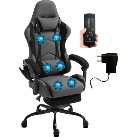 Chaise Gaming Ergonomique en Tissu, Massage 6 Points, Gris