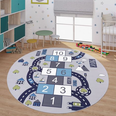 Kinderzimmerteppich Teppich Junge Mädchen Kinderteppich Baby Rutschfest Straße 200 cm x 200 cm Grau Rund (1/5)