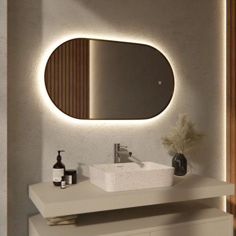 Ovaler LED-Badezimmerspiegel 90 x 50 cm mit Goldrahmen – 3 dimmbare Lichtmodi – Antibeschlagfunktion – IP44 wasserdicht und Touch-Bedienung – rostbeständig (1/5)