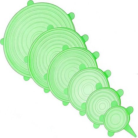 Tapas telescópicas de silicona reutilizables, aptas para cuencos, tazas y tarros de todas las formas y tamaños. (Verde, paquete de 6). (1/4)