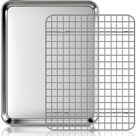 Plaque de Cuisson avec Grille de Refroidissement: Plaques et Grilles pour Cuisson au Four en Acier Inoxydable, Plat Four pour Rôti la Maison Cuisine Barbecue 31,5x24,5x2,5cm (1/5)