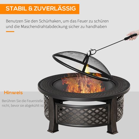 Foyer rond en acier noir avec pare-étincelles, tisonnier et grille barbecue, pour jardin et camping, 81x81x50 cm (1/5)
