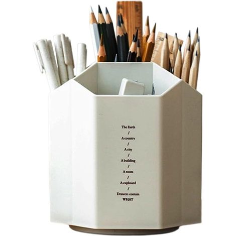 Organiseur Bureau Rotatif - 5 Compartiments - ABS Écologique - Pour Stylos Crayons Pinceaux - Blanc - 1 Pièce (1/5)