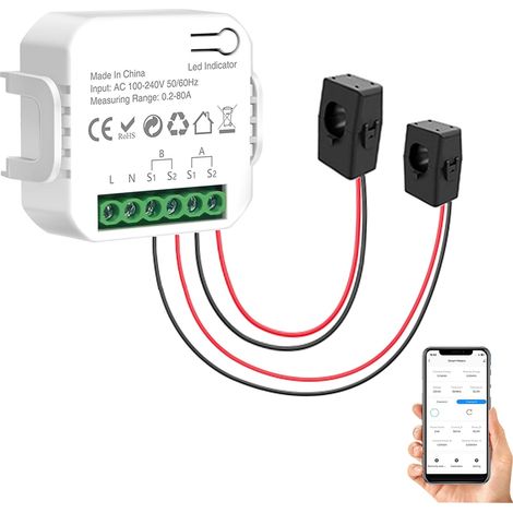 Compteur d'énergie WiFi intelligent : moniteur d'énergie double canal, compteur de puissance avec 2 clips 80 A, surveillance à distance via l'application, données en temps réel (1/5)