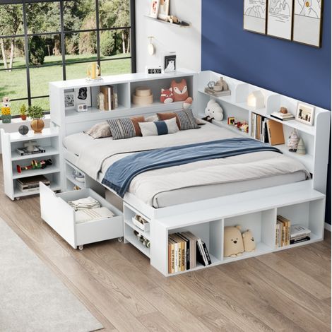 Letto per bambini multifunzionale 140x200 cm, in compensato bianco, con cassetto, libreria, vani contenitivi e rete a doghe (1/5)