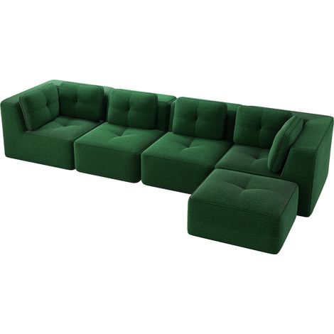 Canapé de salon modulable sans cadre, canapé 4 places confortable à assise profonde avec coussins moelleux et revêtement en velours côtelé, aucun montage requis, design antidérapant, vert