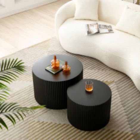 Lot de 2 tables basses gigognes - table ronde Ø60x40cm et Ø48x35cm - Plateau motif relief imperméable s - Noir mat (1/5)