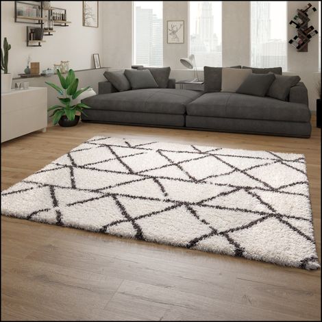 Paco Home Hochflor Teppich Wohnzimmer Shaggy Langflor Modern Skandi Rauten Grau Creme 120x160 cm