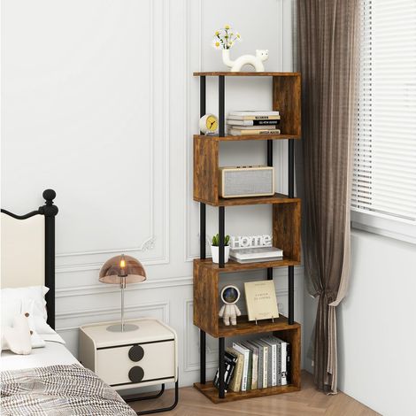 6-Tier Tall S-Shaped Geometric Bookshelf, Wood Display Storage Shelf, Industrial Bookcase for Living Room, Bedroom & Home Office