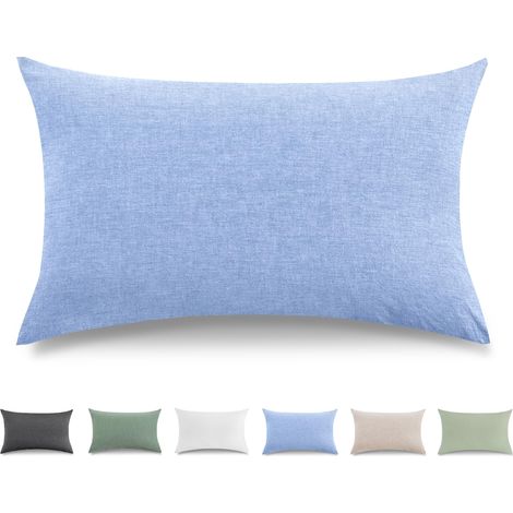 Taie Oreiller 40x80 cm Lot De 2,Housse Coussin 100% Coton Lavé Doux, Aspect Lin Et Respirant, Taie d Oreiller Bleu Azur avec Fermeture éClair (1/5)