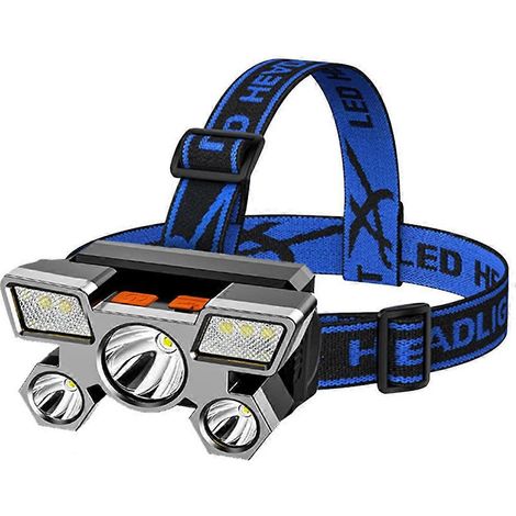 Lampe frontale 5 LED avec batterie rechargeable 18650 intégrée, lampe torche portable rechargeable USB, lanterne, lampe frontale d'extérieur pour le camping.