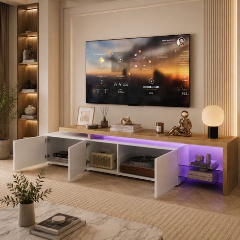 Meuble TV 200x39x42cm, 3 portes de rangement, banc TV pour salon, 2 étagères en verre, armoire télévision aspect bois, lumières LED, finition brillante, grande capacité, style moderne, MDF, Blanc (1/5)