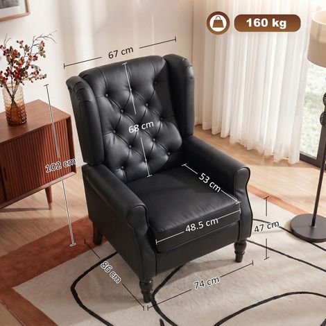Fauteuil de chambre en cuir PU (assise large, accoudoirs et pieds en bois d'eucalyptus, noir) (1/5)