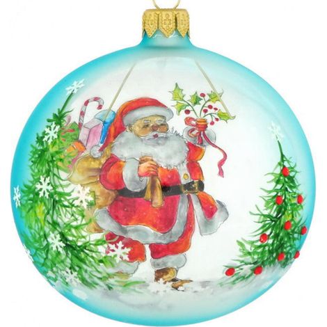 Pallina per albero di Natale in vetro con babbo natale e sfondo celeste da 10 cm (1/4)